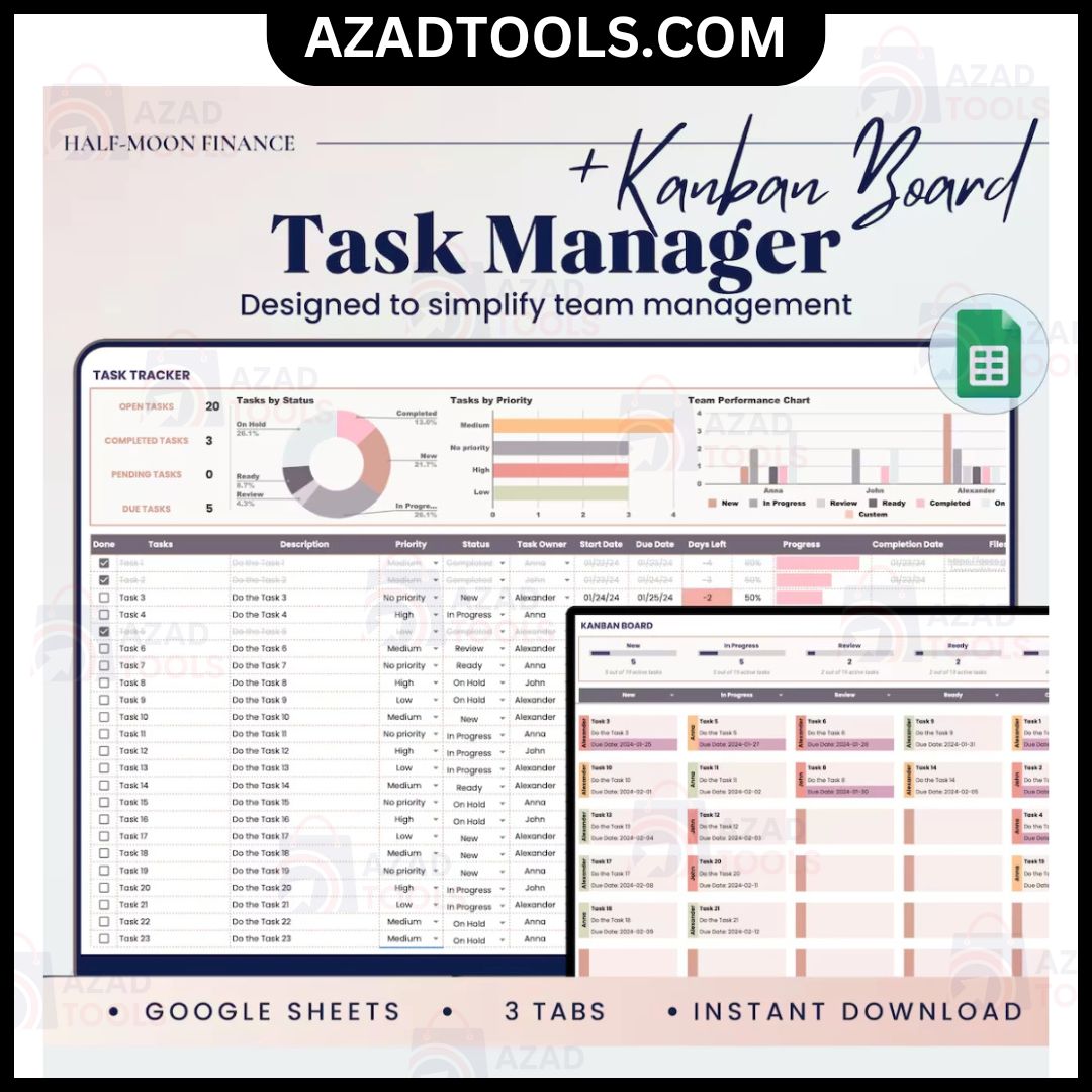 Task Tracker with Kanban Board Google Sheets Template, Team Project Management, Employee Task List