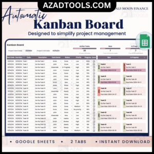 Kanban Board Template in Google Sheets, Task Tracker, Project Management Tracker Template, Automated Project Flow