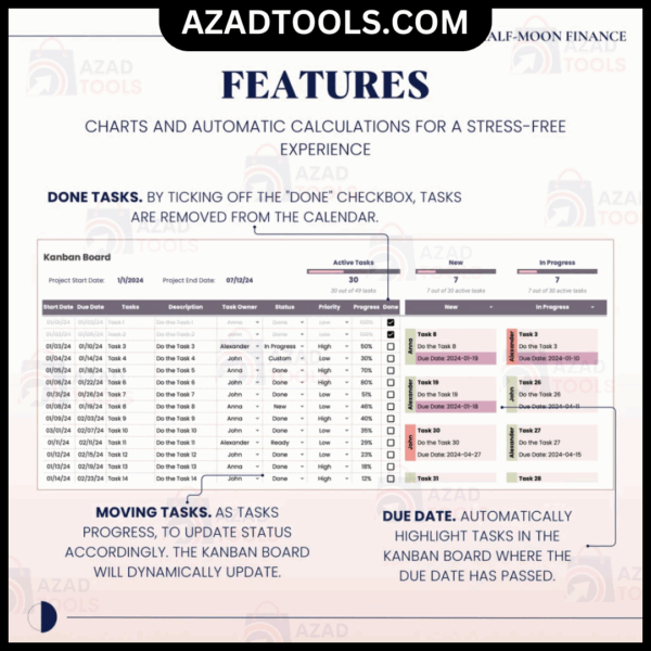 Kanban Board Template in Google Sheets, Task Tracker, Project Management Tracker Template, Automated Project Flow - Image 3